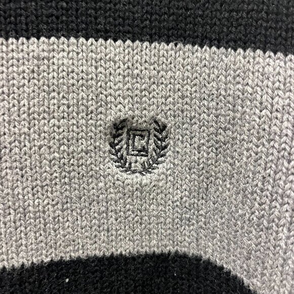 Chaps Sweater Men's Medium 100% Cotton Gray Black Striped Long Sleeve Pullover - Picture 3 of 6